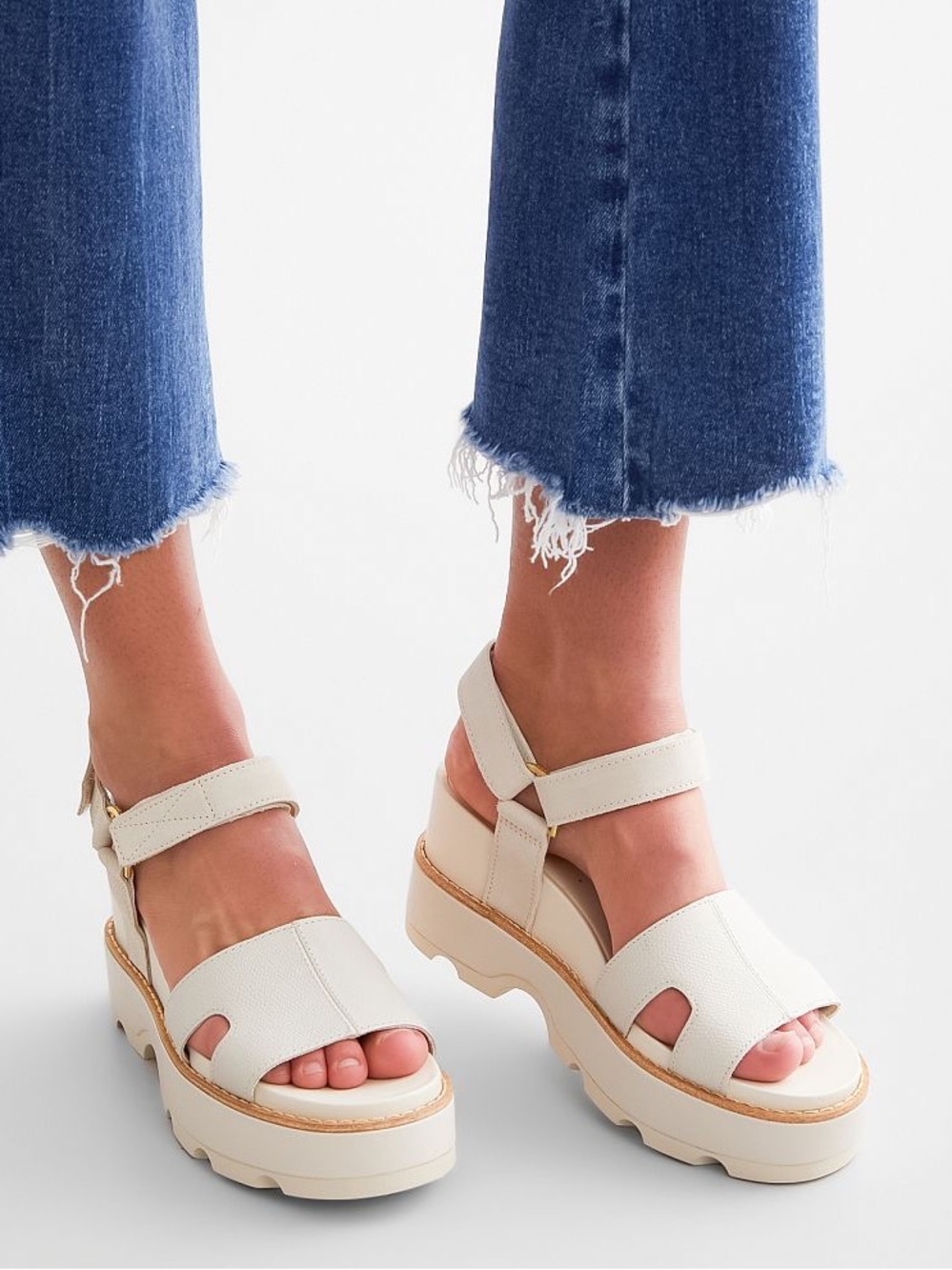 [Sorel] Joanie IV “Chalk Chalk” Leather Platform  Wedge Velcro Strap Sandal - Picture 2 of 10